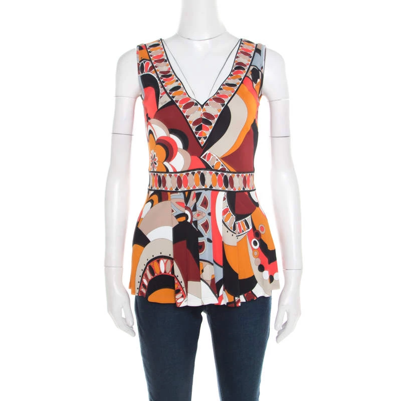 Emilio Pucci Firenze Multicolor Printed Jersey Plunge Neck Peplum Top M For Women