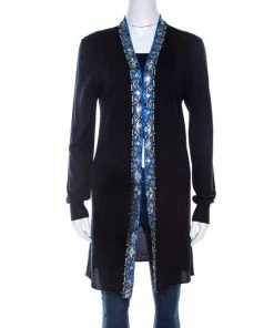 Emilio Pucci Navy Blue Embellished Trim Long Sleeve Cardigan M For Women