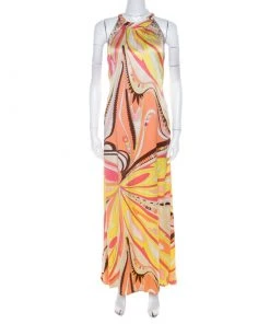 Emilio Pucci Firenze Multicolor Abstract Print Silk Maxi Halter Dress M For Women