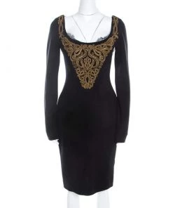 Emilio Pucci Black Wool Gold Beaded Long Sleeve Corset Dress M For Women