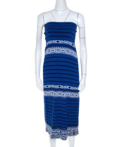 Emilio Pucci Blue Knit Aztec Pattern Strapless Dress S For Women