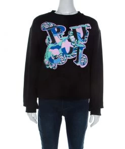 Emilio Pucci Black Cotton Knit Graphic Logo Print Sweatshirt L For Women