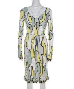 Emilio Pucci Multicolor Geometric Printed Silk Jersey Belted Dress M For Women