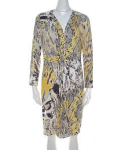 Emilio Pucci Multicolor Abstract Print Stretch Jersey Pleated Plunge Neck Dress L For Women