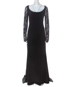 Emilio Pucci Black Silk Guipure Lace Detail Evening Dress M For Women