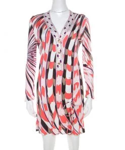 Emilio Pucci Multicolor Signature Print Jersey Knit Drawstring Short Dress M For Women