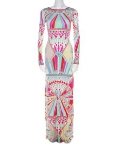 Emilio Pucci Multicolor Signature Print Silk Lace-Up Back Maxi Dress M For Women