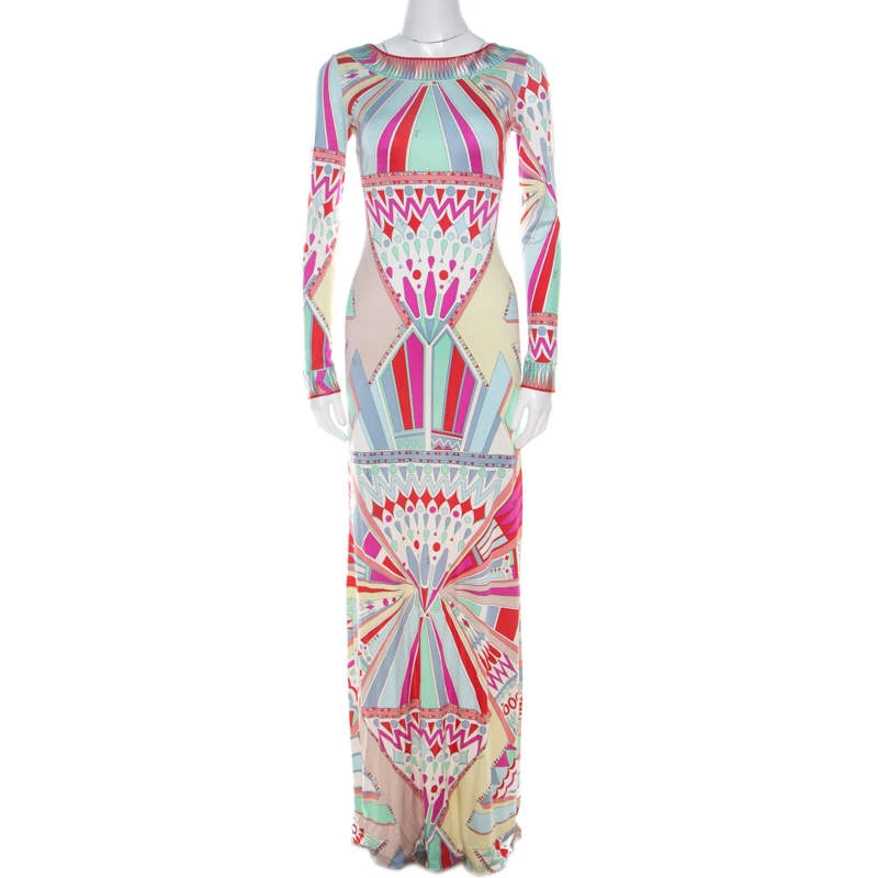 Emilio Pucci Multicolor Signature Print Silk Lace-Up Back Maxi Dress M For Women