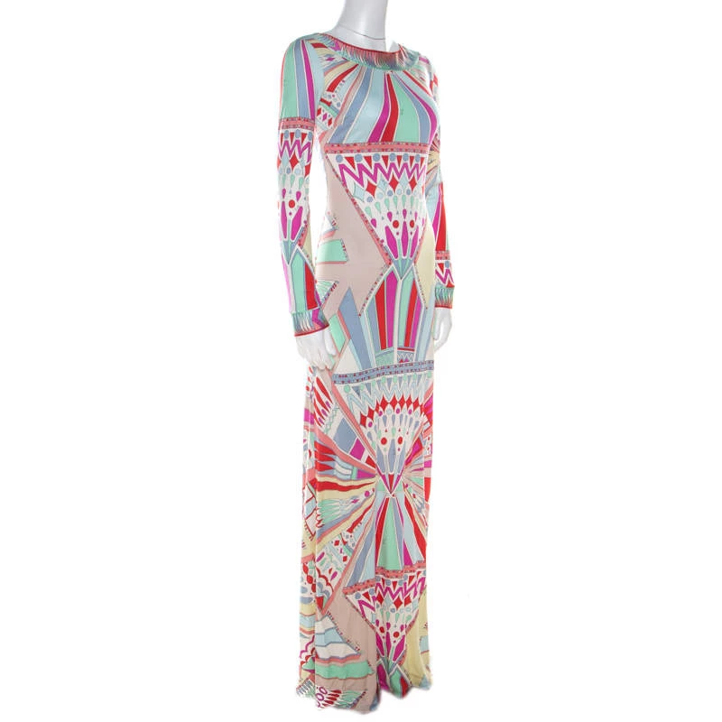 Emilio Pucci Multicolor Signature Print Silk Lace-Up Back Maxi Dress M For Women - Image 2