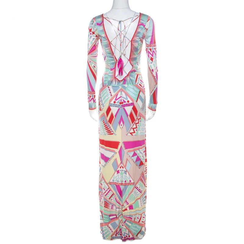Emilio Pucci Multicolor Signature Print Silk Lace-Up Back Maxi Dress M For Women - Image 3