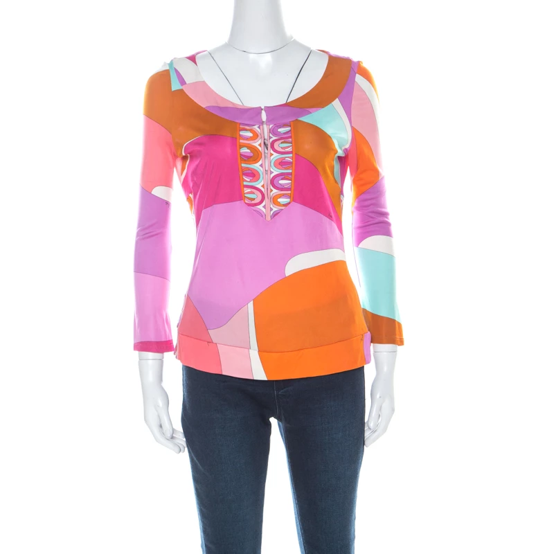 Emilio Pucci Multicolour Classic Print Three Quarter Sleeve Top S For Women