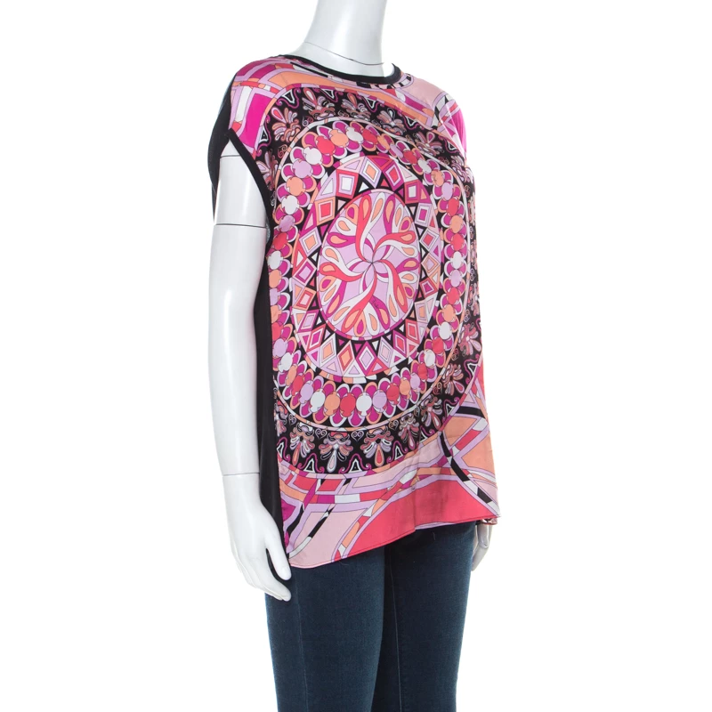 Emilio Pucci Pink & Black Signature Print Silk Sleeveless Top M For Women - Image 2