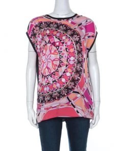 Emilio Pucci Pink & Black Signature Print Silk Sleeveless Top M For Women