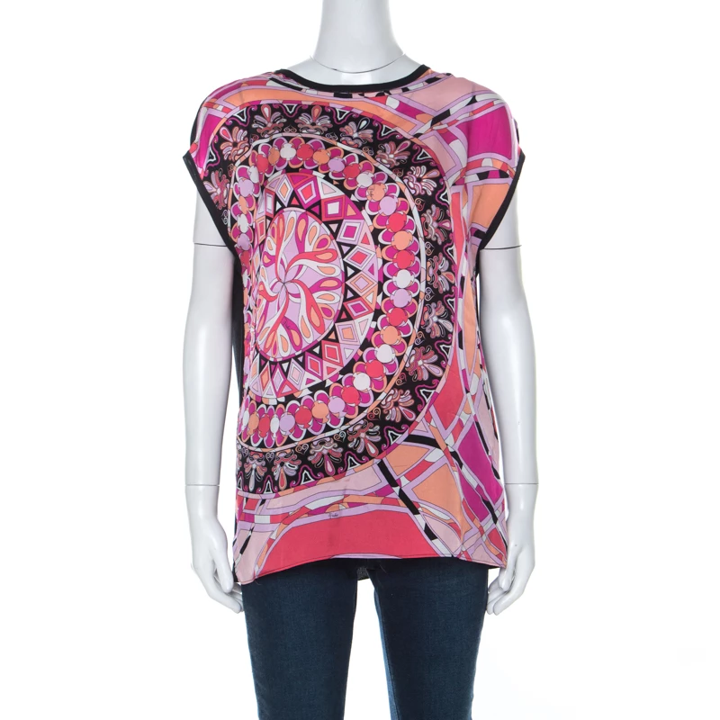 Emilio Pucci Pink & Black Signature Print Silk Sleeveless Top M For Women