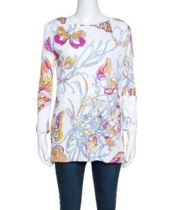 Emilio Pucci White Butterfly Print Knit Tunic Top M For Women