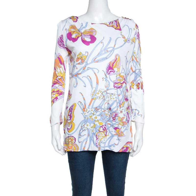 Emilio Pucci White Butterfly Print Knit Tunic Top M For Women