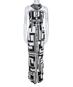 Emilio Pucci Monochrome Printed Silk Beaded Collar Dress M For Women