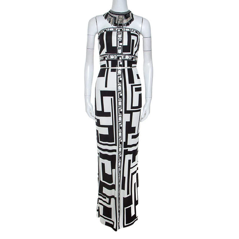 Emilio Pucci Monochrome Printed Silk Beaded Collar Dress M For Women