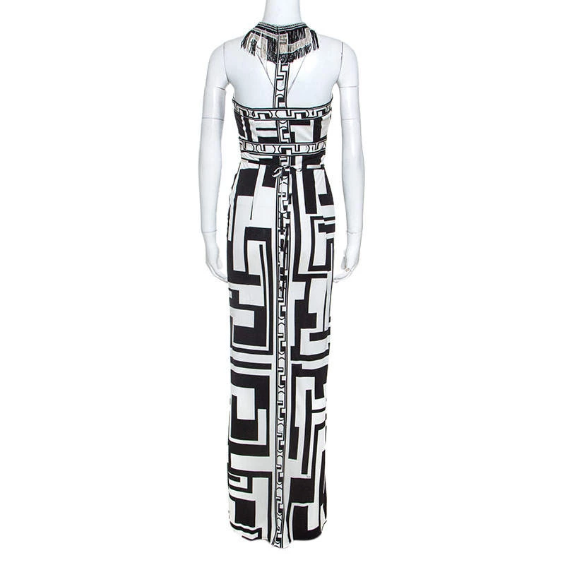 Emilio Pucci Monochrome Printed Silk Beaded Collar Dress M For Women - Image 3