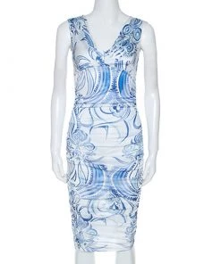 Emilio Pucci Blue And White Printed Ruched Sleeveless Dress S For Women