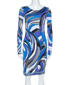 Emilio Pucci Blue Signature Printed Jersey Buckled Dress S For Women