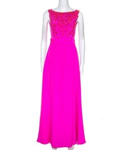 Emilio Pucci Bright Pink Silk Embellished Bodice Sleeveless Gown S For Women