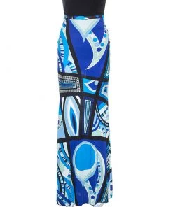Emilio Pucci Blue Abstract Printed Jersey Flared Maxi Skirt M For Women