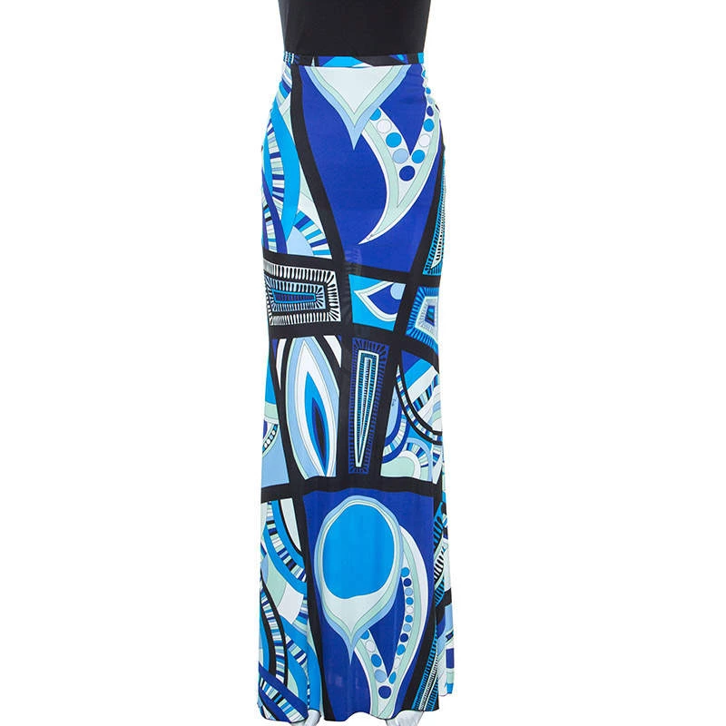 Emilio Pucci Blue Abstract Printed Jersey Flared Maxi Skirt M For Women