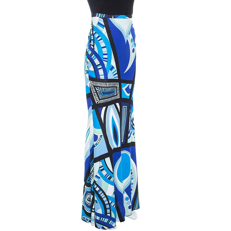 Emilio Pucci Blue Abstract Printed Jersey Flared Maxi Skirt M For Women - Image 2