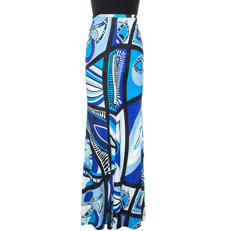 Emilio Pucci Blue Abstract Printed Jersey Flared Maxi Skirt M For Women - Image 3