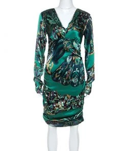 Emilio Pucci Green Printed Stretch Silk Ruched Detail Midi Dress M For Women