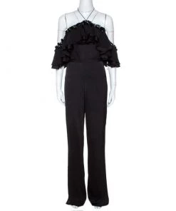 Emilio Pucci Black Crepe Embellished Ruffle Trim Jumpsuit S For Women