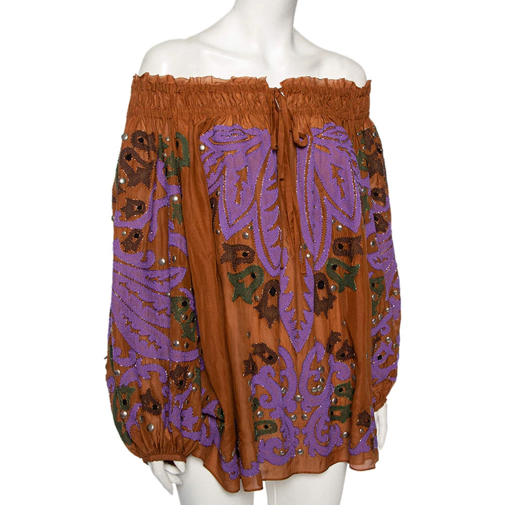 Emilio Pucci Brown Cotton Embellished Off-Shoulder Tunic S For Women - Image 2