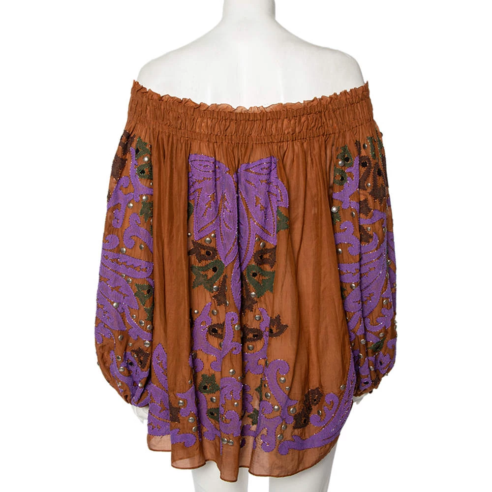 Emilio Pucci Brown Cotton Embellished Off-Shoulder Tunic S For Women - Image 3