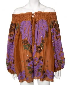 Emilio Pucci Brown Cotton Embellished Off-Shoulder Tunic S For Women