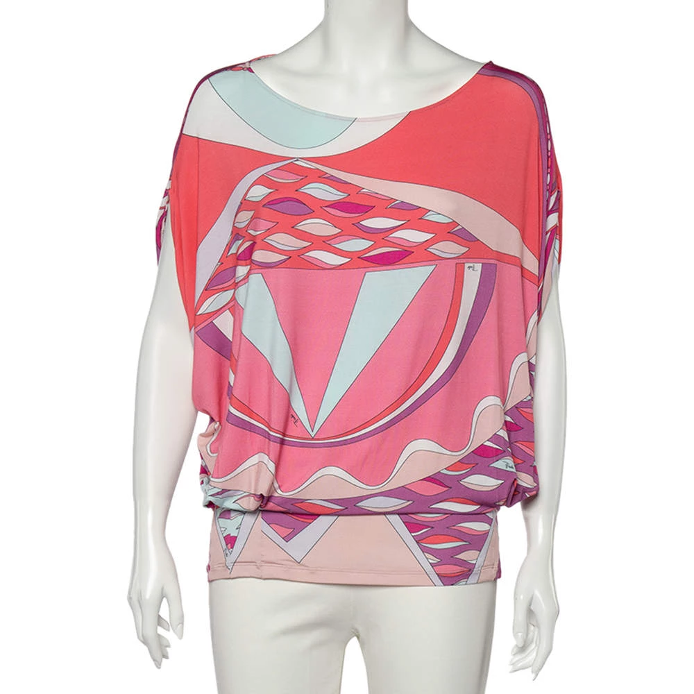 Emilio Pucci Multicolored Abstract Printed Jersey Pleated Detailed Top L For Women
