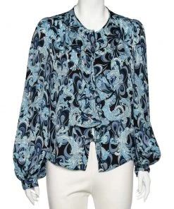 Emilio Pucci Blue Printed Silk Ruffle Detail Button Front Top L For Women