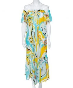 Emilio Pucci Multicolored Badea Print Cotton Off-Shoulder Tiered Dress L For Women