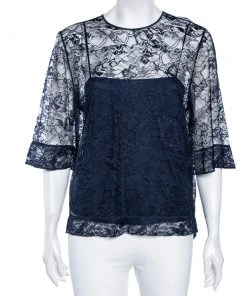 Emilio Pucci Navy Blue Lace Blouse M For Women