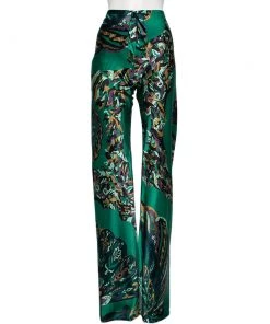 Emilio Pucci Green Printed Stretch Silk Flared Trousers M For Women
