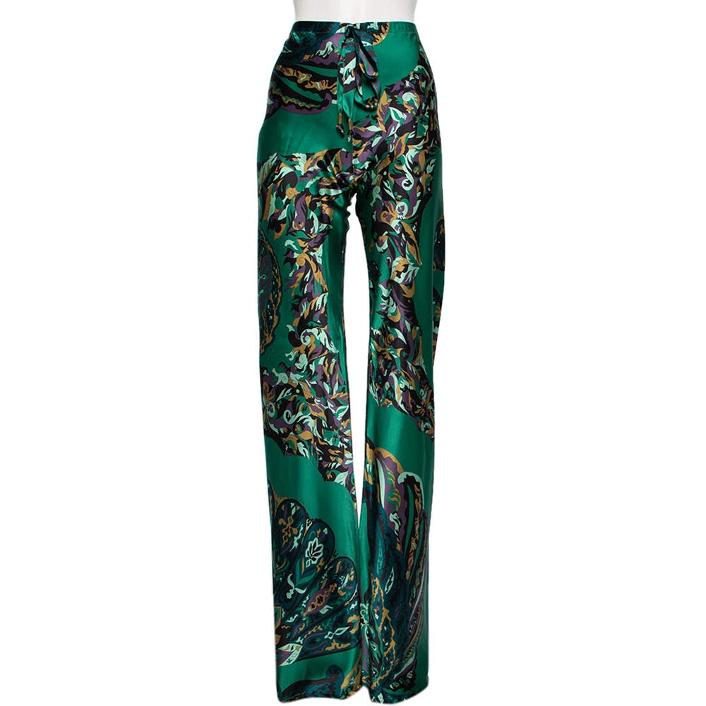 Emilio Pucci Green Printed Stretch Silk Flared Trousers M For Women