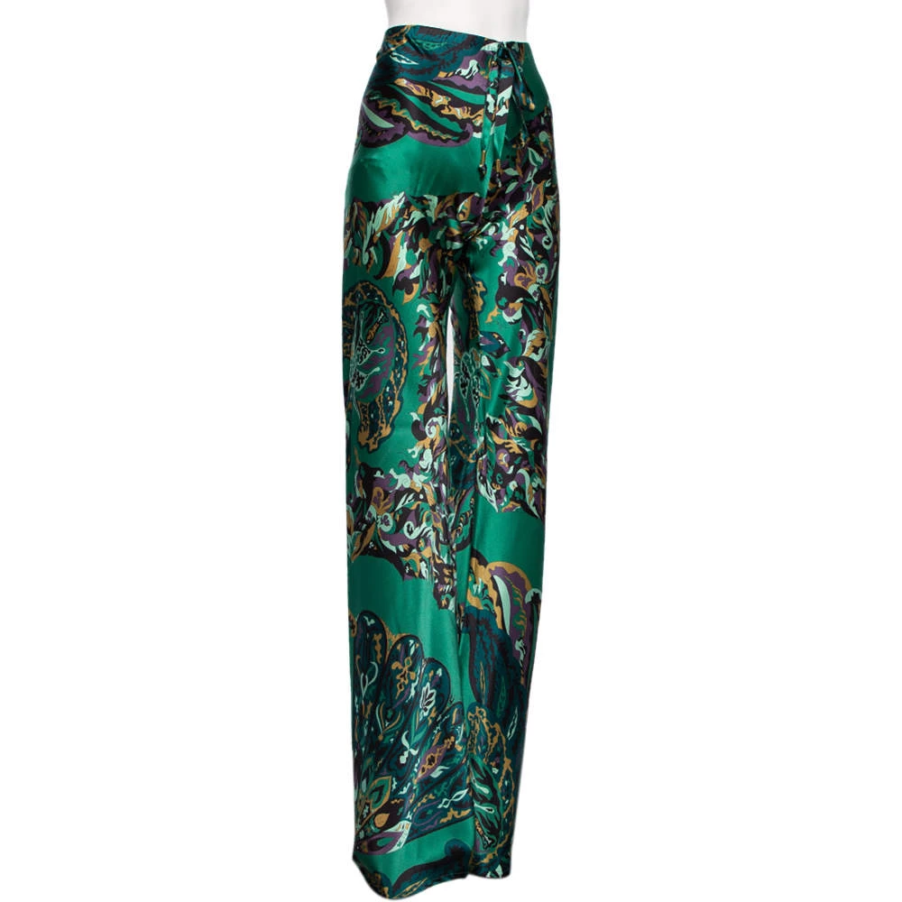 Emilio Pucci Green Printed Stretch Silk Flared Trousers M For Women - Image 2