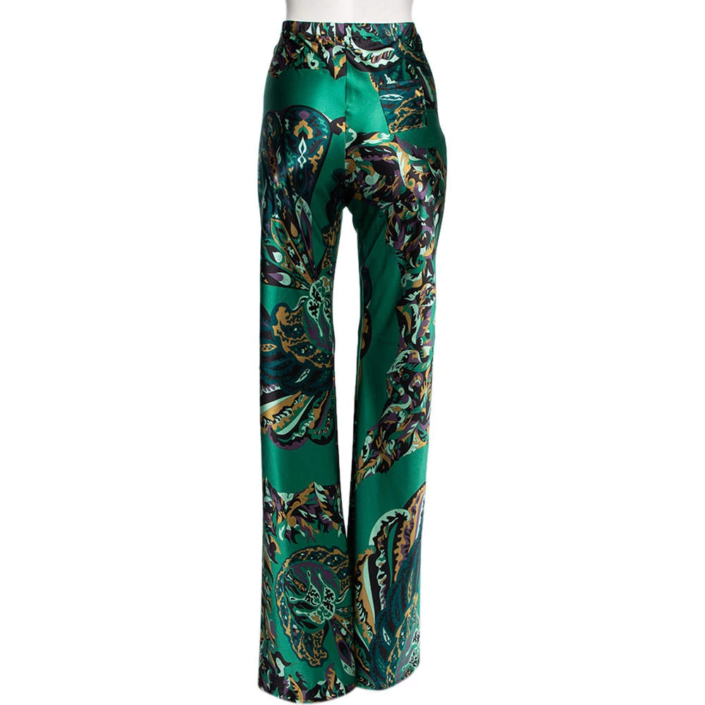 Emilio Pucci Green Printed Stretch Silk Flared Trousers M For Women - Image 3