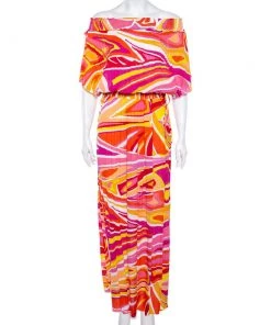 Emilio Pucci Multicolored Printed Crepe Ruched Maxi Dress M For Women