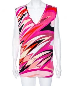Emilio Pucci Multicolored Printed Cotton V Neck Sleeveless Top S For Women