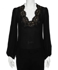 Emilio Pucci Black Silk Lace Trim Long Sleeve Blouse S For Women
