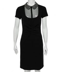 Emilio Pucci Black Textured Crepe Embellished Collar Detailed Ruched Dress S For Women