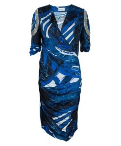 Emilio Pucci Blue Printed Embellished Sleeve Detail Ruched Side Knit Dress L For Women