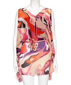 Emilio Pucci Multicolored Printed Silk Belted Kaftan Top M For Women