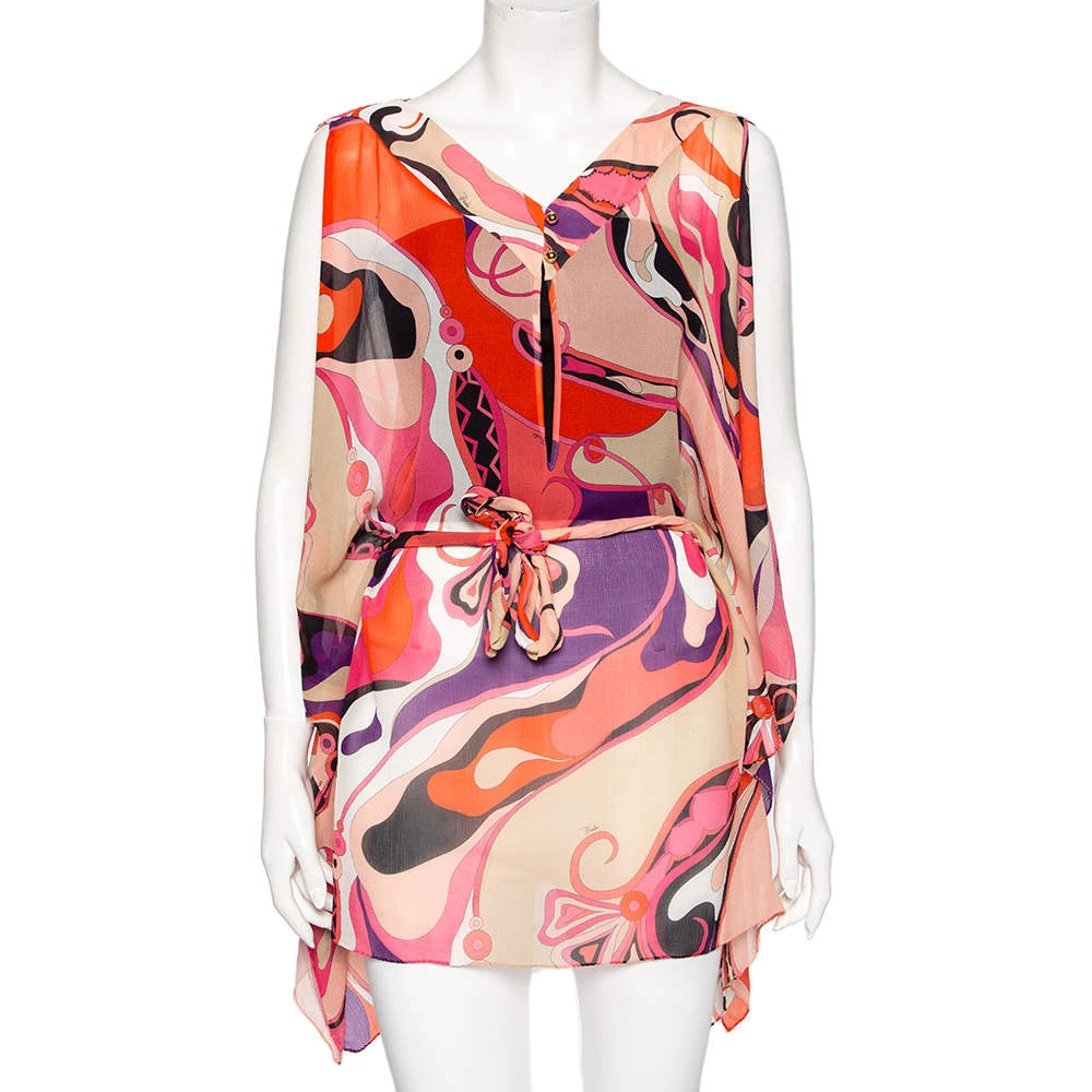 Emilio Pucci Multicolored Printed Silk Belted Kaftan Top M For Women